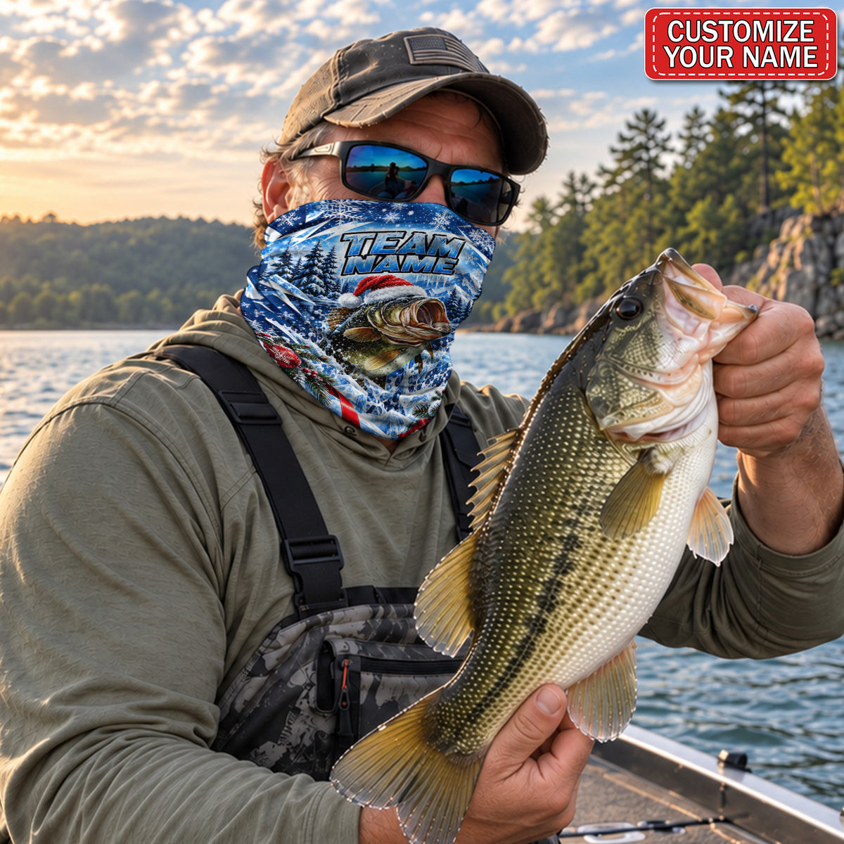 Personalized Santa Hat Bass Fishing Mask With Christmas Snowflakes