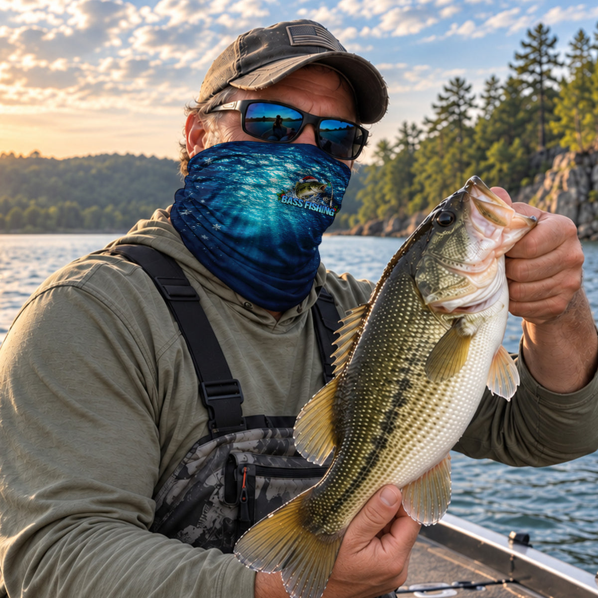 Christmas Bass Fishing Mask With Blue Water and Snowflakes