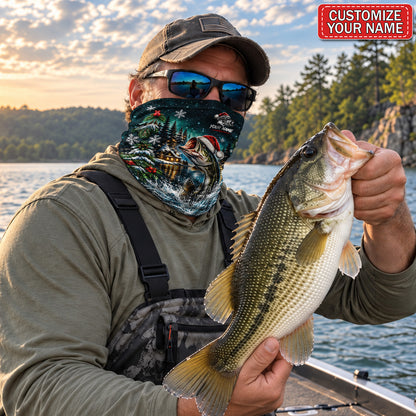 Personalized Santa Hat Bass and Snowy Lake Christmas Fishing Mask