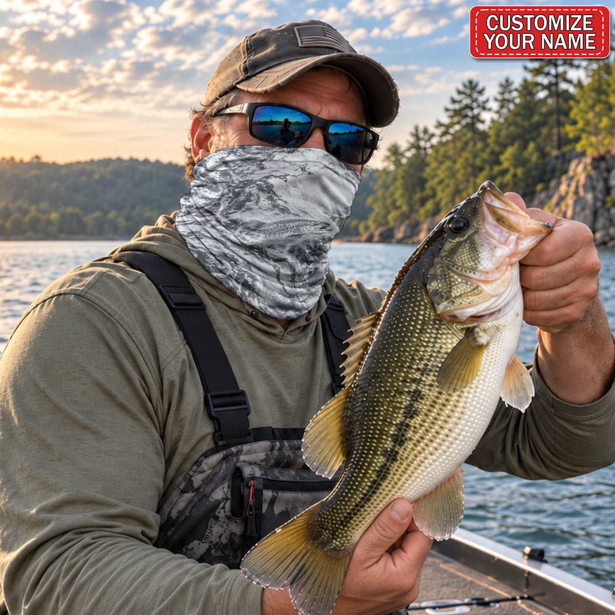 Personalized Monochrome Trout Fishing Mask With Gray Water Splashes