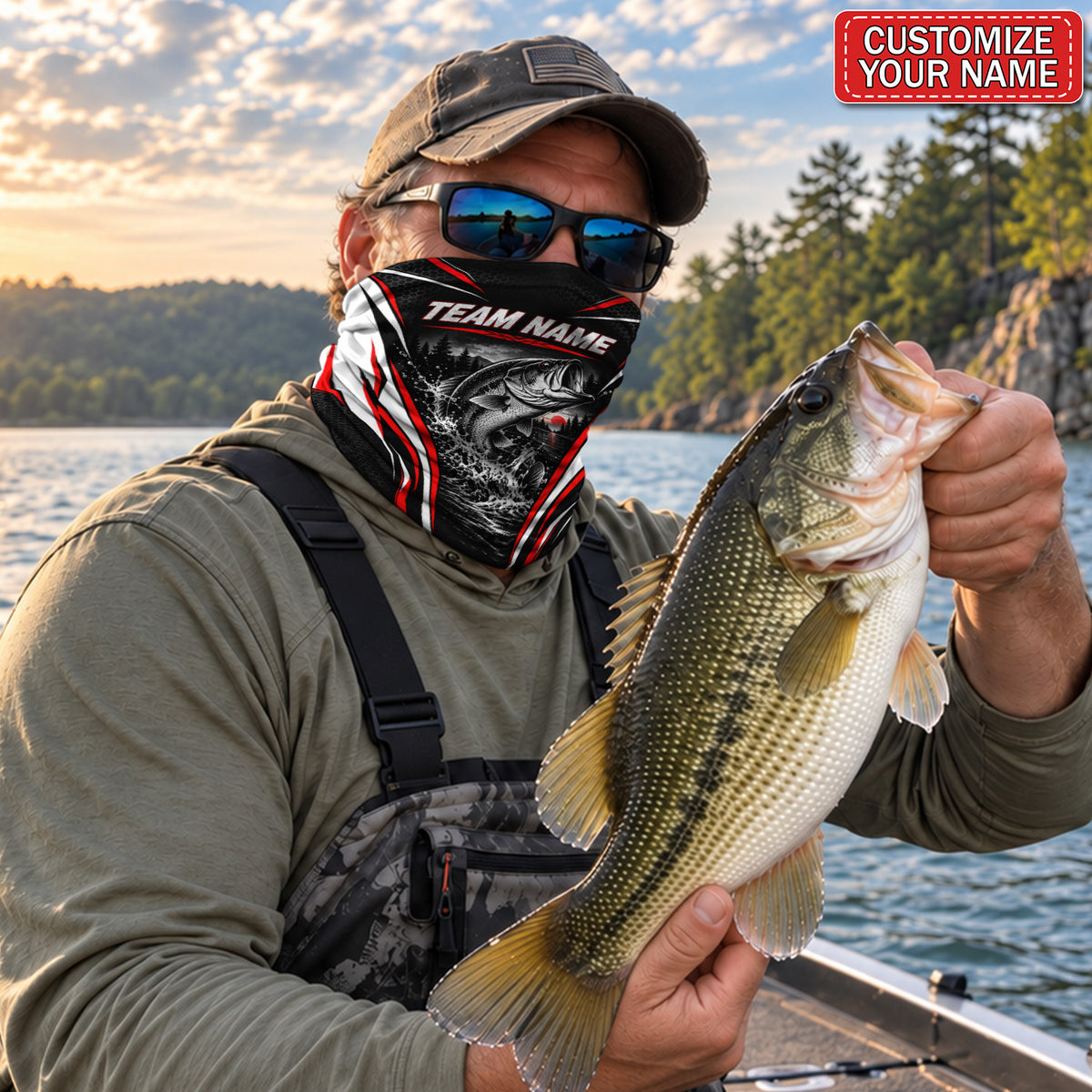 Personalized Jumping Bass Fishing Mask With Red Sunset