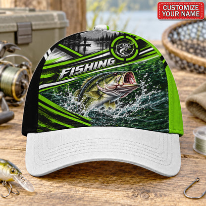 Personalized Jumping Bass Fishing AOP Baseball Cap With Neon Green Stripes