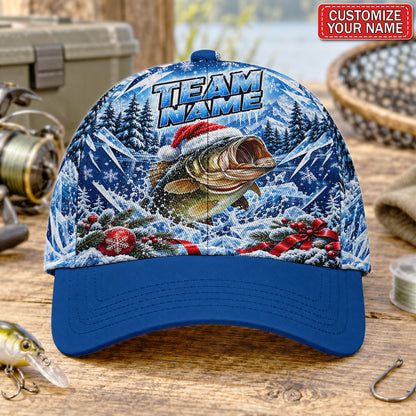 Personalized Christmas Bass Fishing AOP Baseball Cap With Santa Hat and Snowflakes