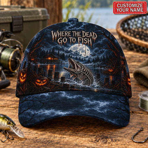Personalized Where the Dead Go to Fish Skeleton Fishing AOP Baseball Cap