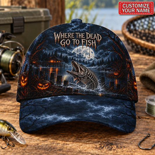 Personalized Where the Dead Go to Fish Skeleton Fishing AOP Baseball Cap