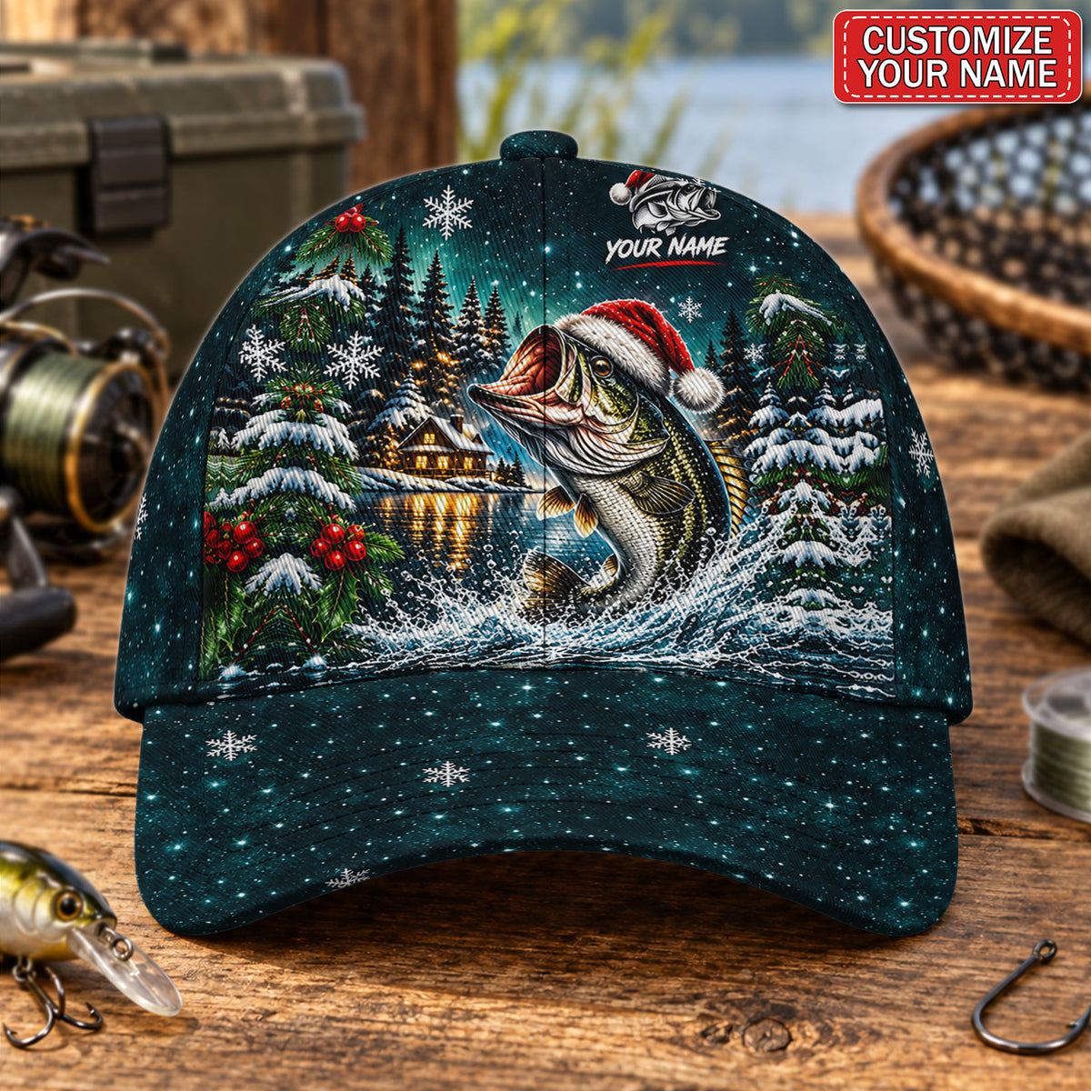 Personalized Santa Hat Bass and Snowy Lake Fishing Baseball Cap