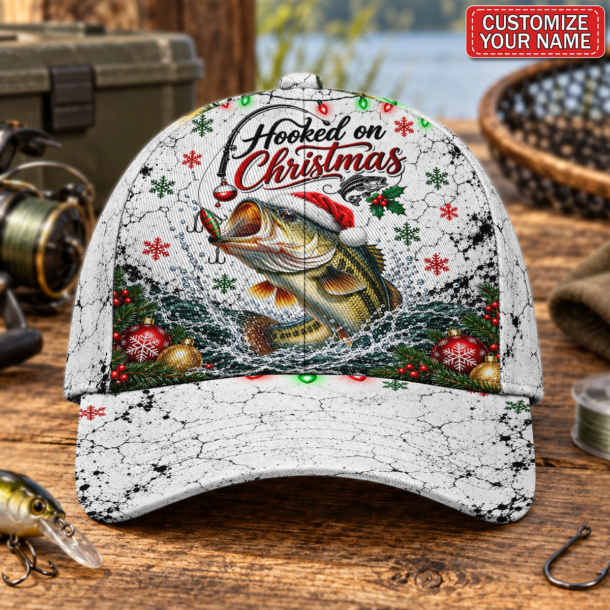 Personalized Hooked on Christmas Bass Fishing AOP Baseball Cap