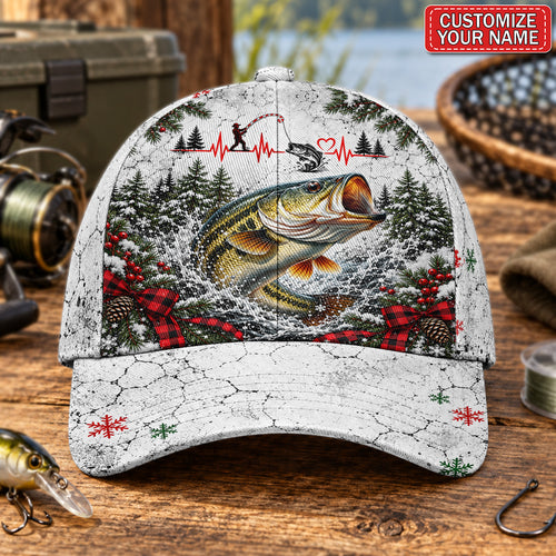 Personalized Winter Bass Fishing Heartbeat AOP Baseball Cap