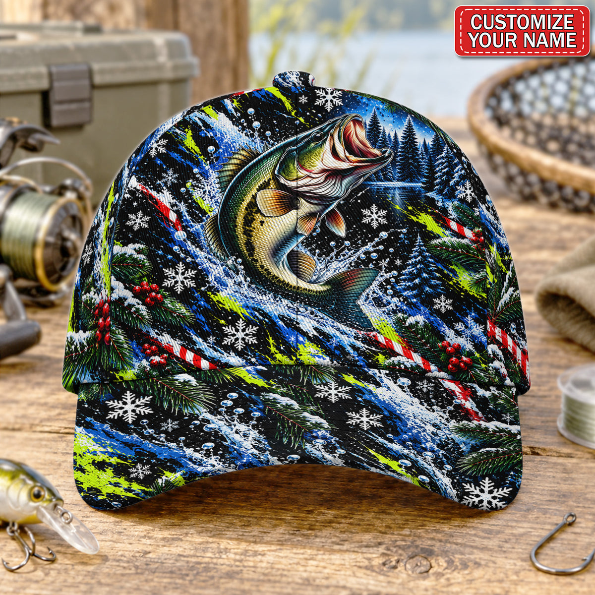 Personalized Jumping Bass Christmas Fishing Baseball Cap