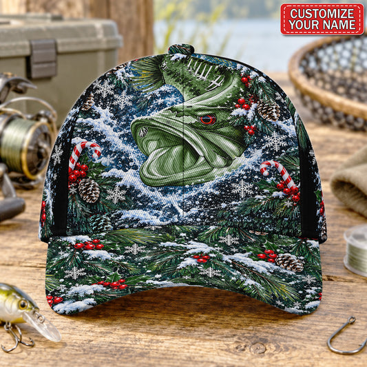 Personalized Bass and Candy Canes Christmas Fishing Baseball Cap