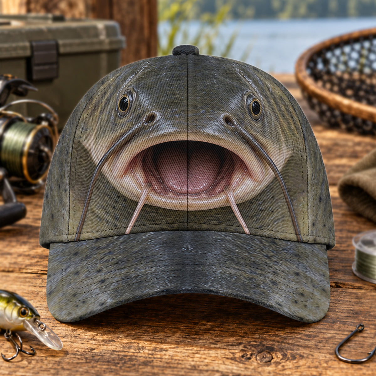 Catfish Face and Whiskers Fishing AOP Baseball Cap