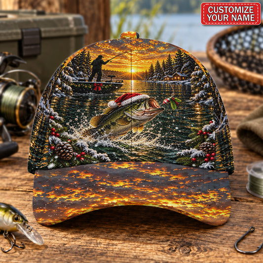 Personalized Santa Bass and Sunset Lake Fishing AOP Baseball Cap