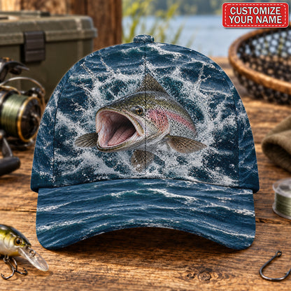 Personalized Rainbow Trout Water Splash AOP Baseball Cap