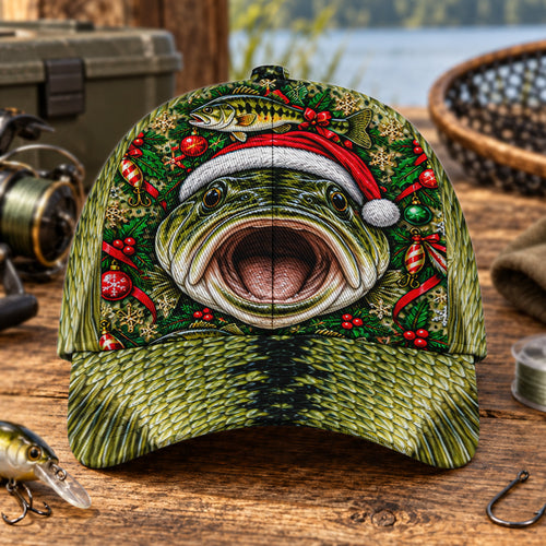 Bass Face Santa Hat and Holiday Lures Fishing AOP Baseball Cap