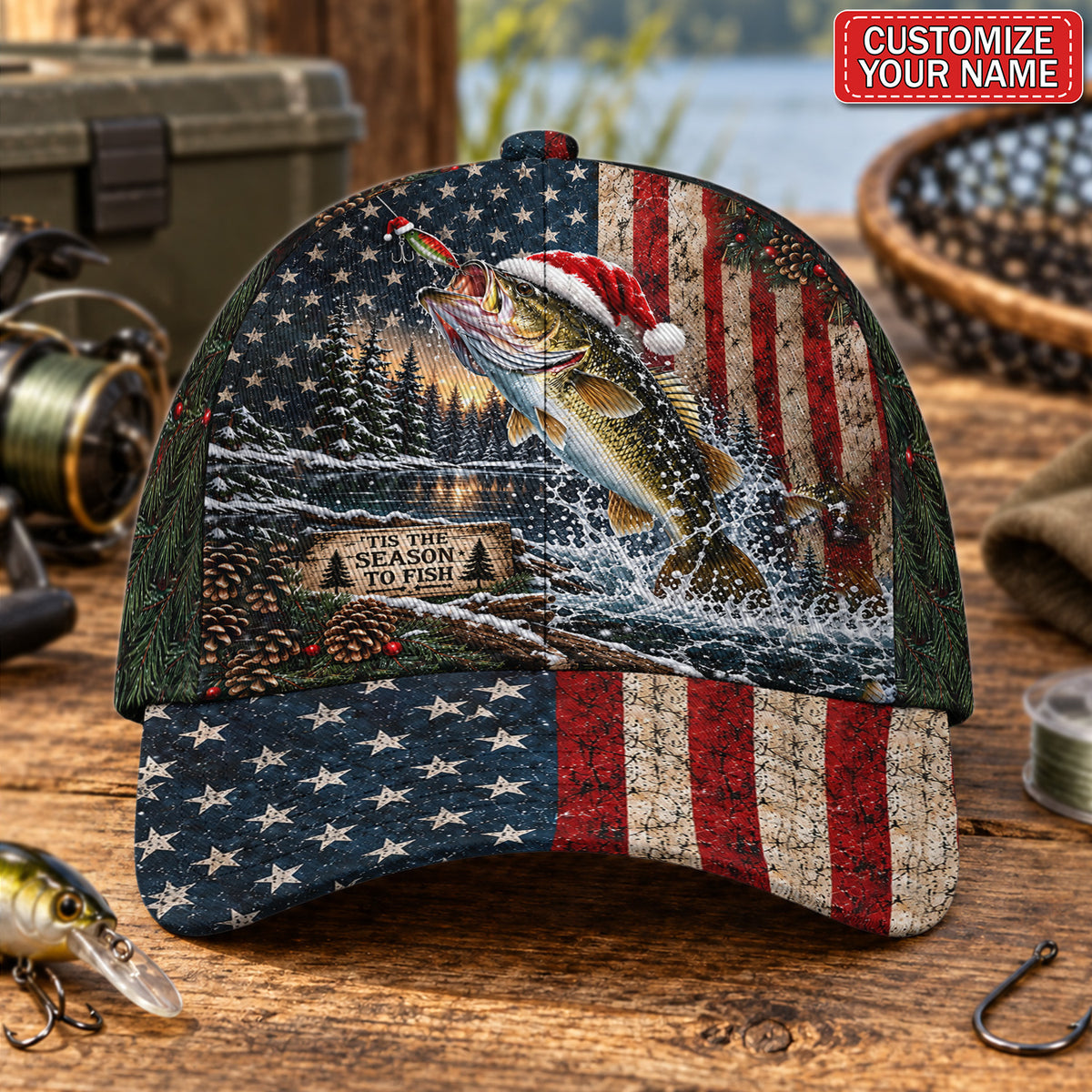 Personalized Santa Fish American Flag Fishing AOP Baseball Cap