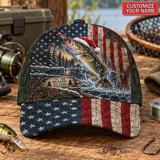 Personalized Santa Fish American Flag Fishing AOP Baseball Cap