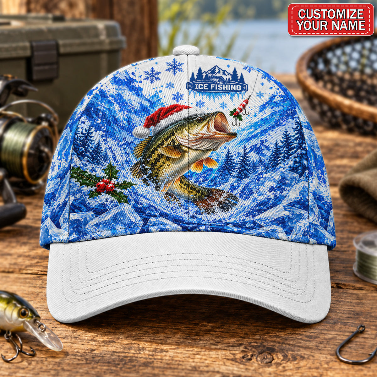 Personalized Santa Bass Ice Fishing AOP Baseball Cap