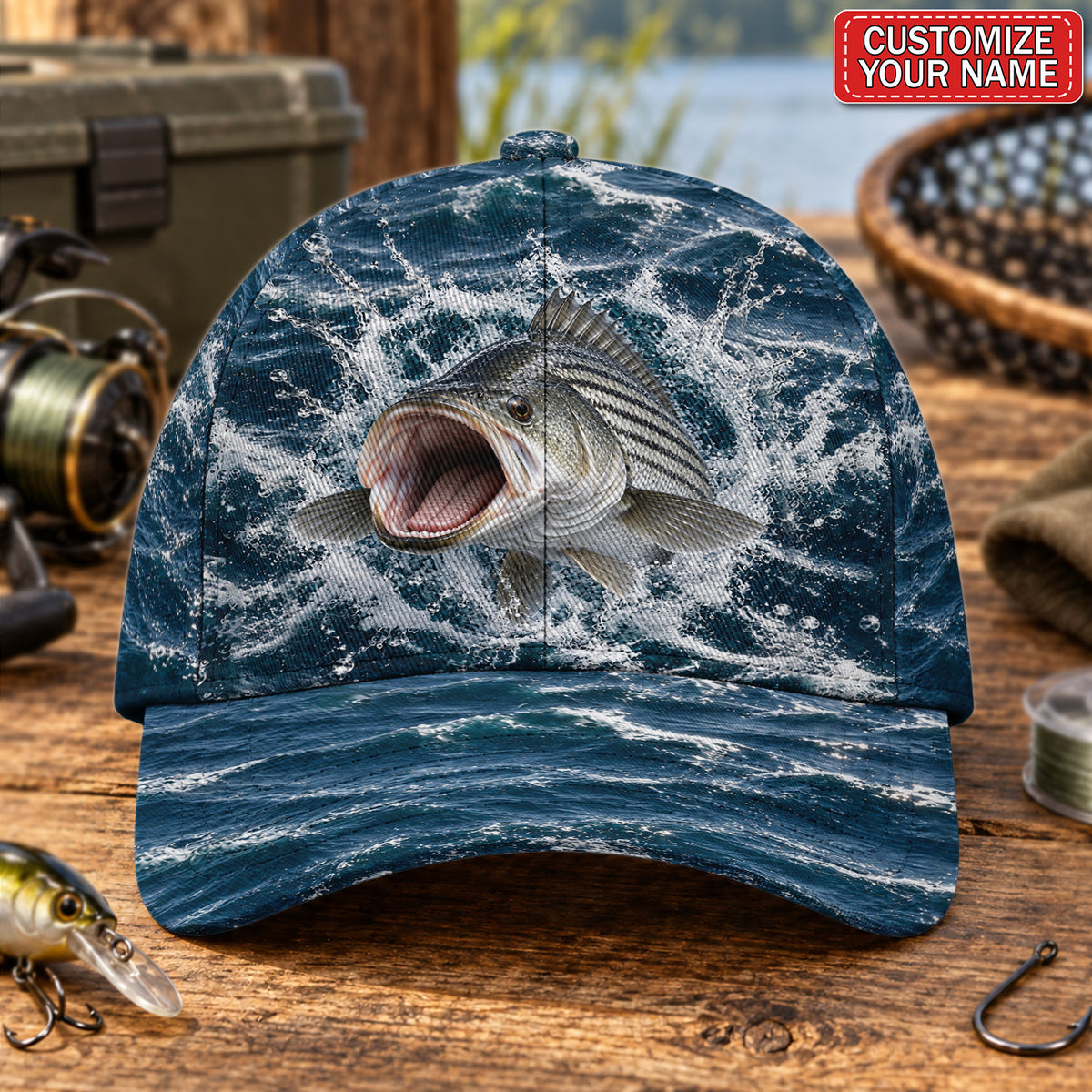 Personalized Striped Fish Ocean Waves AOP Baseball Cap