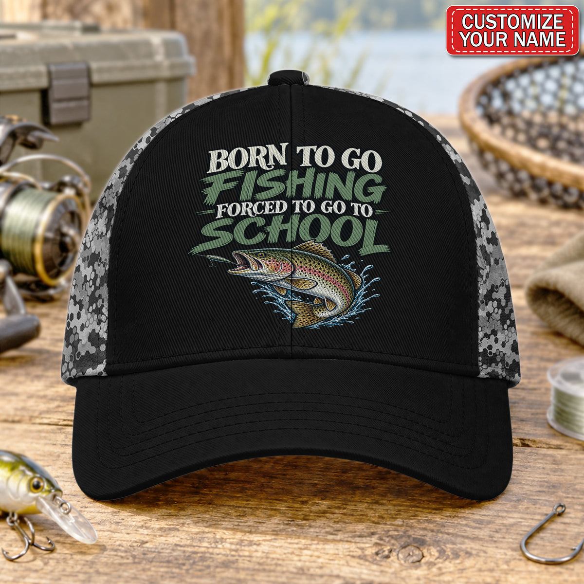 Personalized Born to Go Fishing Forced to Go to School Trout Baseball Cap