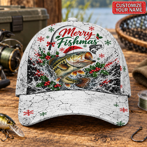 Personalized Merry Fishmas Santa Hat Bass AOP Baseball Cap
