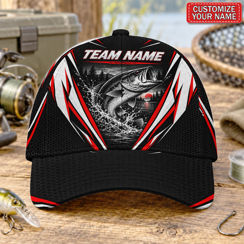 Personalized Team Name Bass Fishing Baseball Cap with Red and White Stripes
