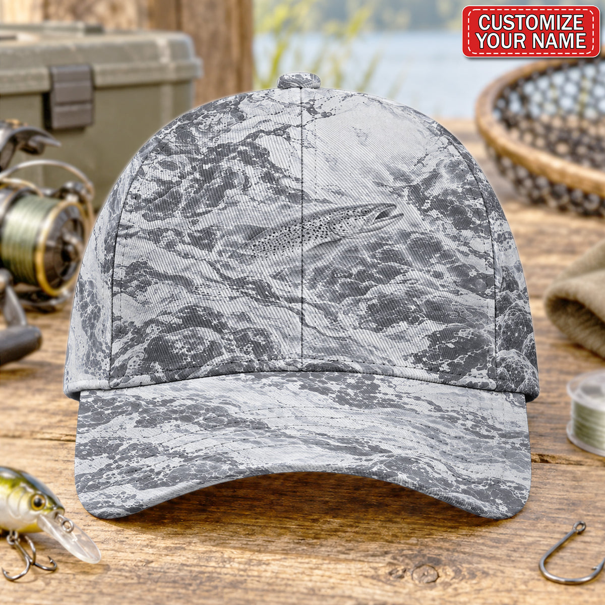 Personalized Monochrome Trout and Waves Fishing Baseball Cap