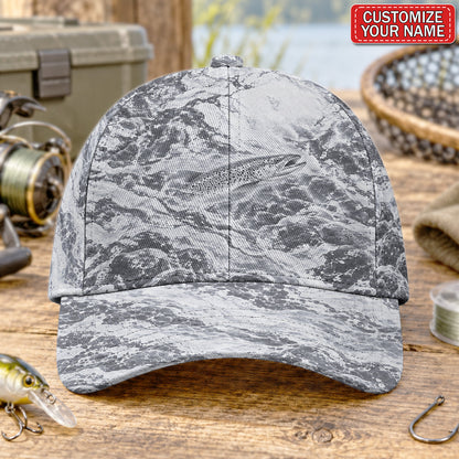 Personalized Monochrome Trout and Waves Fishing Baseball Cap