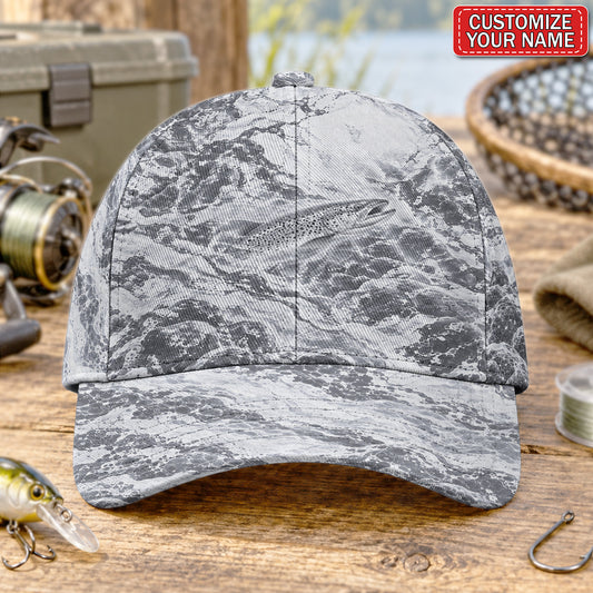 Personalized Monochrome Trout and Waves Fishing Baseball Cap