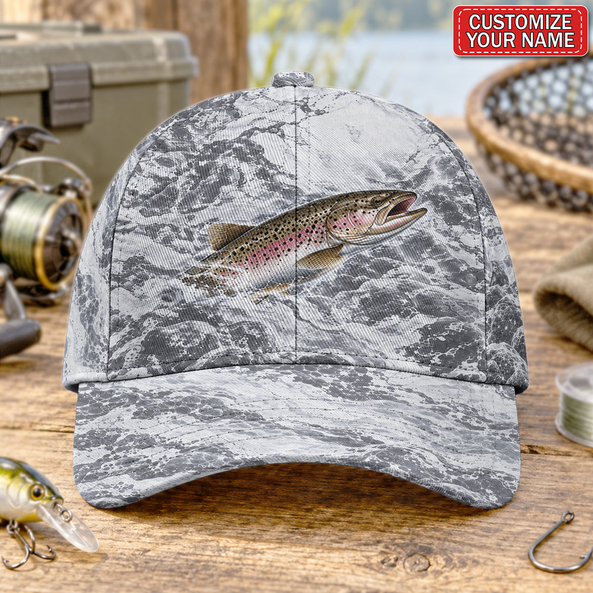 Personalized Rainbow Trout and Gray Waves Fishing Baseball Cap