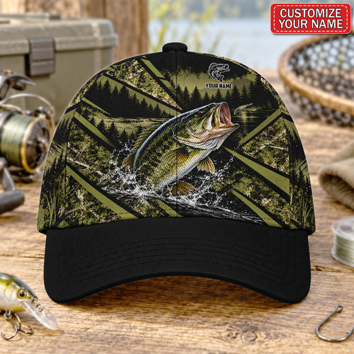 Personalized Jumping Bass and Forest Lake Fishing Baseball Cap
