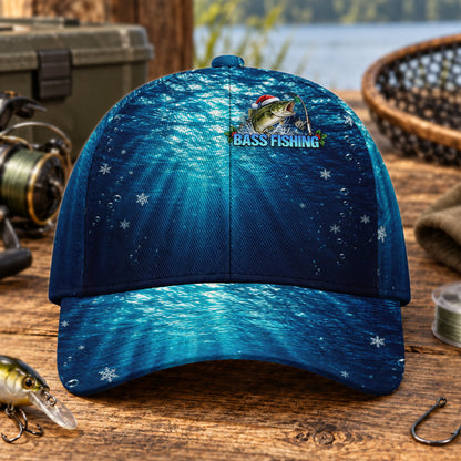 Santa Bass and Blue Underwater Snowflakes Fishing AOP Baseball Cap