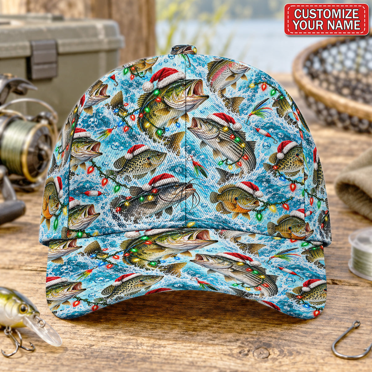 Personalized Christmas Fish With Santa Hats and String Lights Fishing Baseball Cap