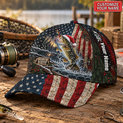 Personalized Santa Fish American Flag Fishing AOP Baseball Cap
