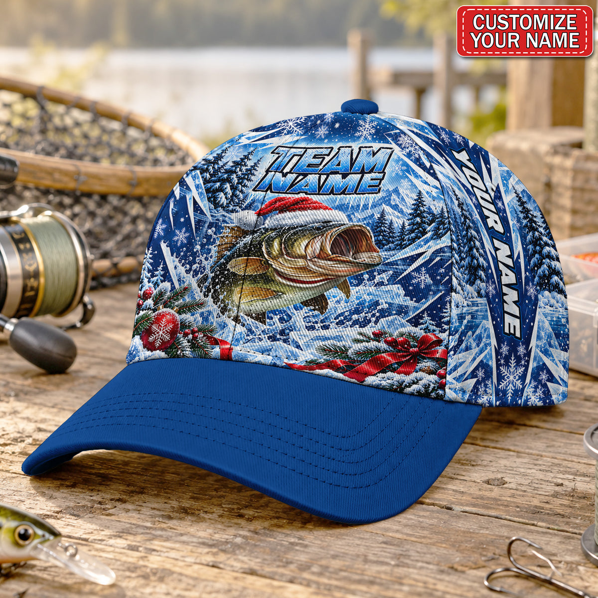 Personalized Christmas Bass Fishing AOP Baseball Cap With Santa Hat and Snowflakes