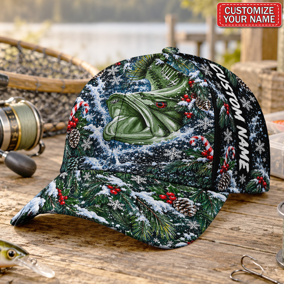 Personalized Bass and Candy Canes Christmas Fishing Baseball Cap