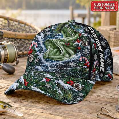 Personalized Bass and Candy Canes Christmas Fishing Baseball Cap
