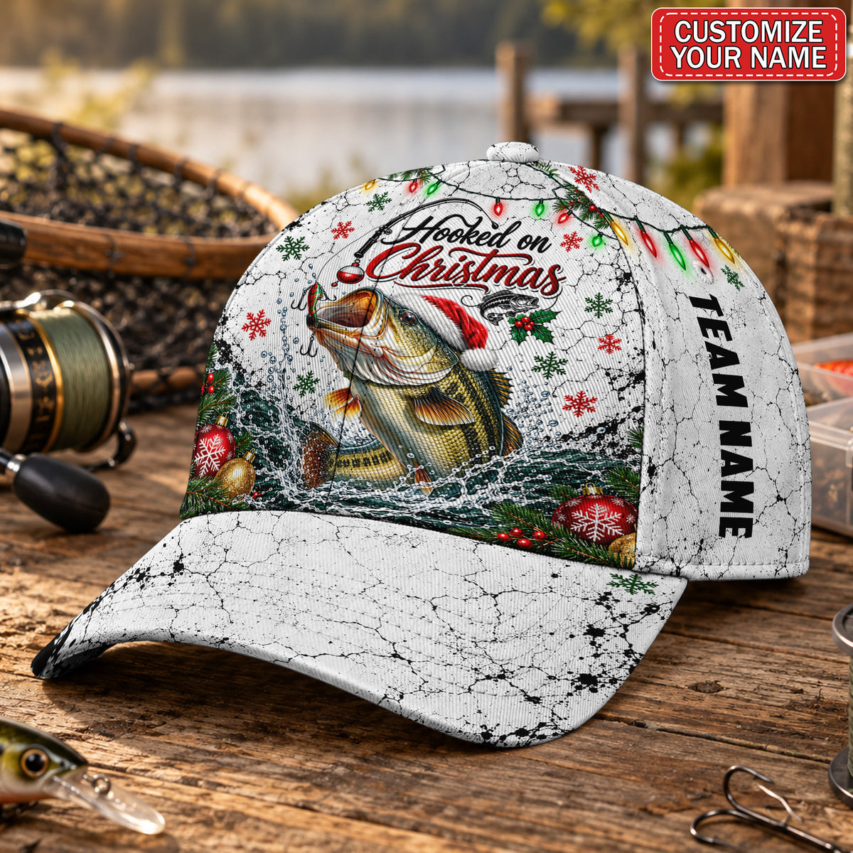 Personalized Hooked on Christmas Bass Fishing AOP Baseball Cap