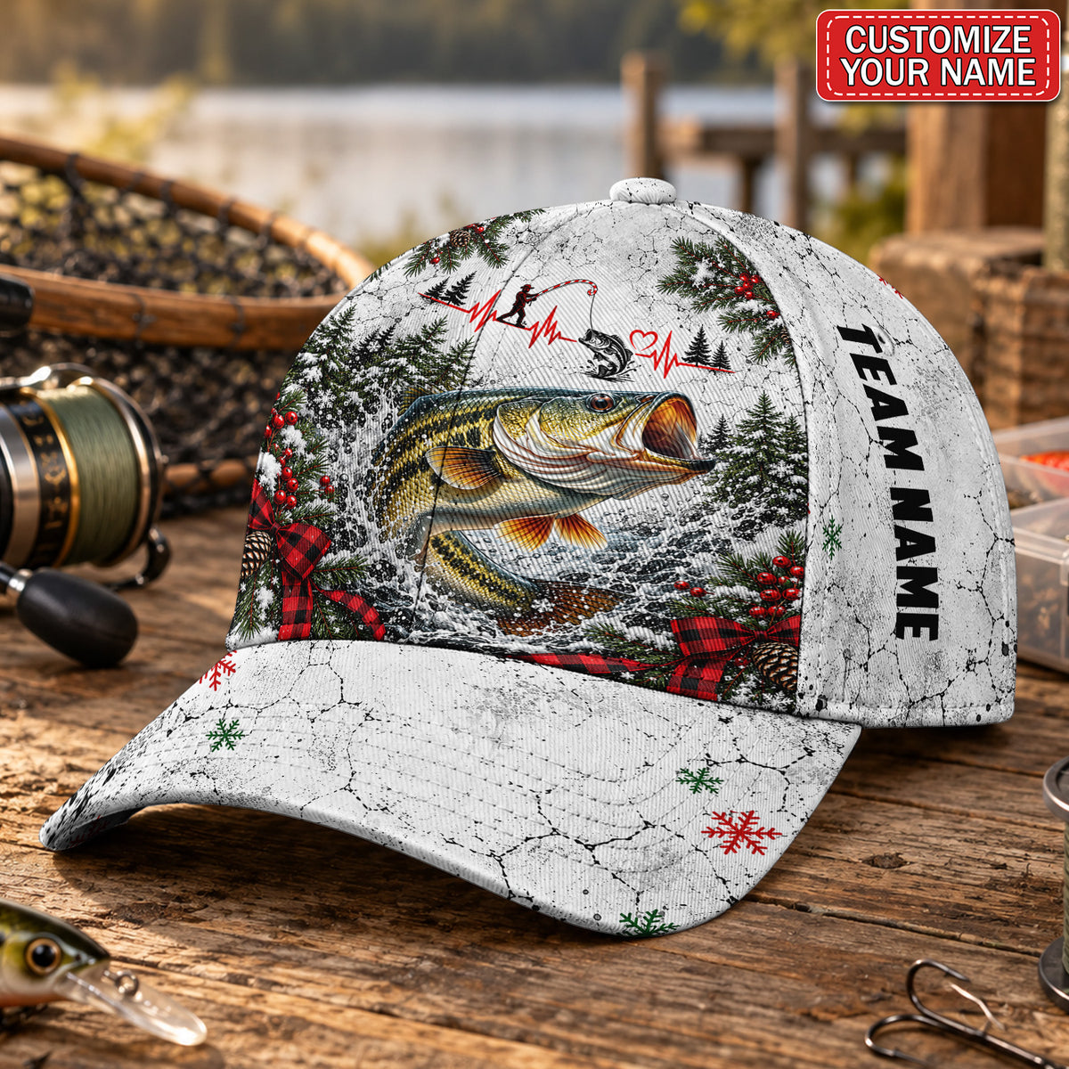 Personalized Winter Bass Fishing Heartbeat AOP Baseball Cap