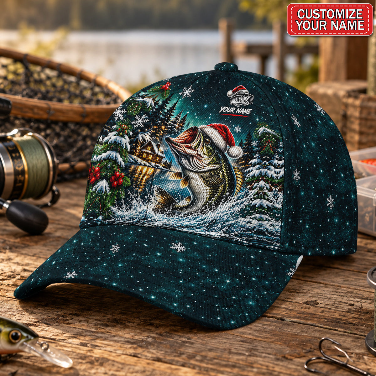Personalized Santa Hat Bass and Snowy Lake Fishing Baseball Cap
