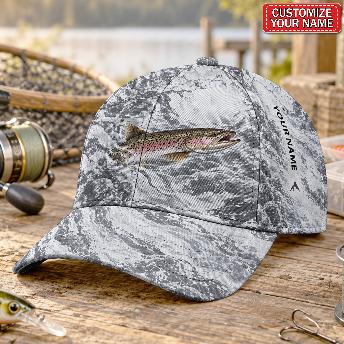 Personalized Rainbow Trout and Gray Waves Fishing Baseball Cap