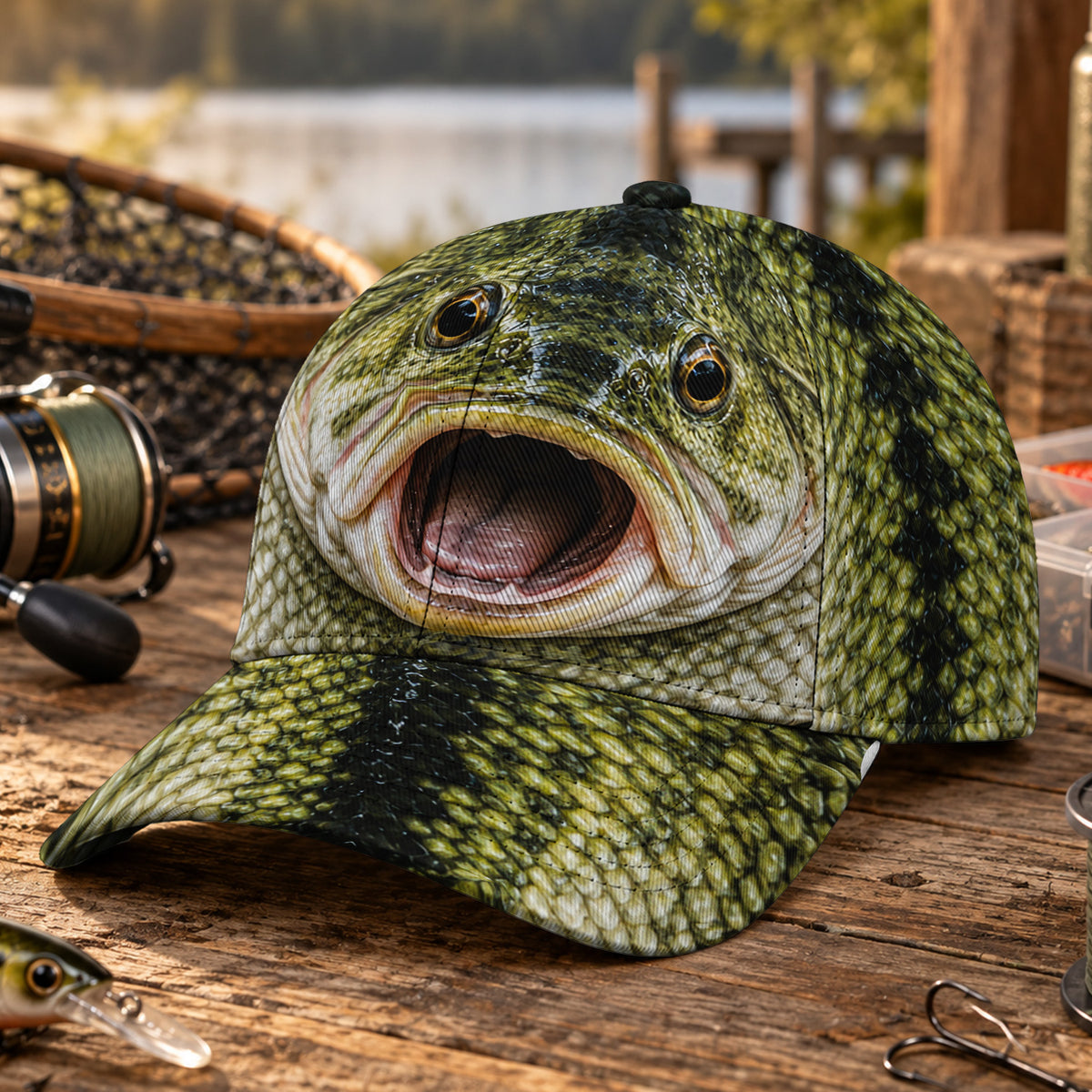 Open-Mouth Fish Face and Green Scales Fishing AOP Baseball Cap