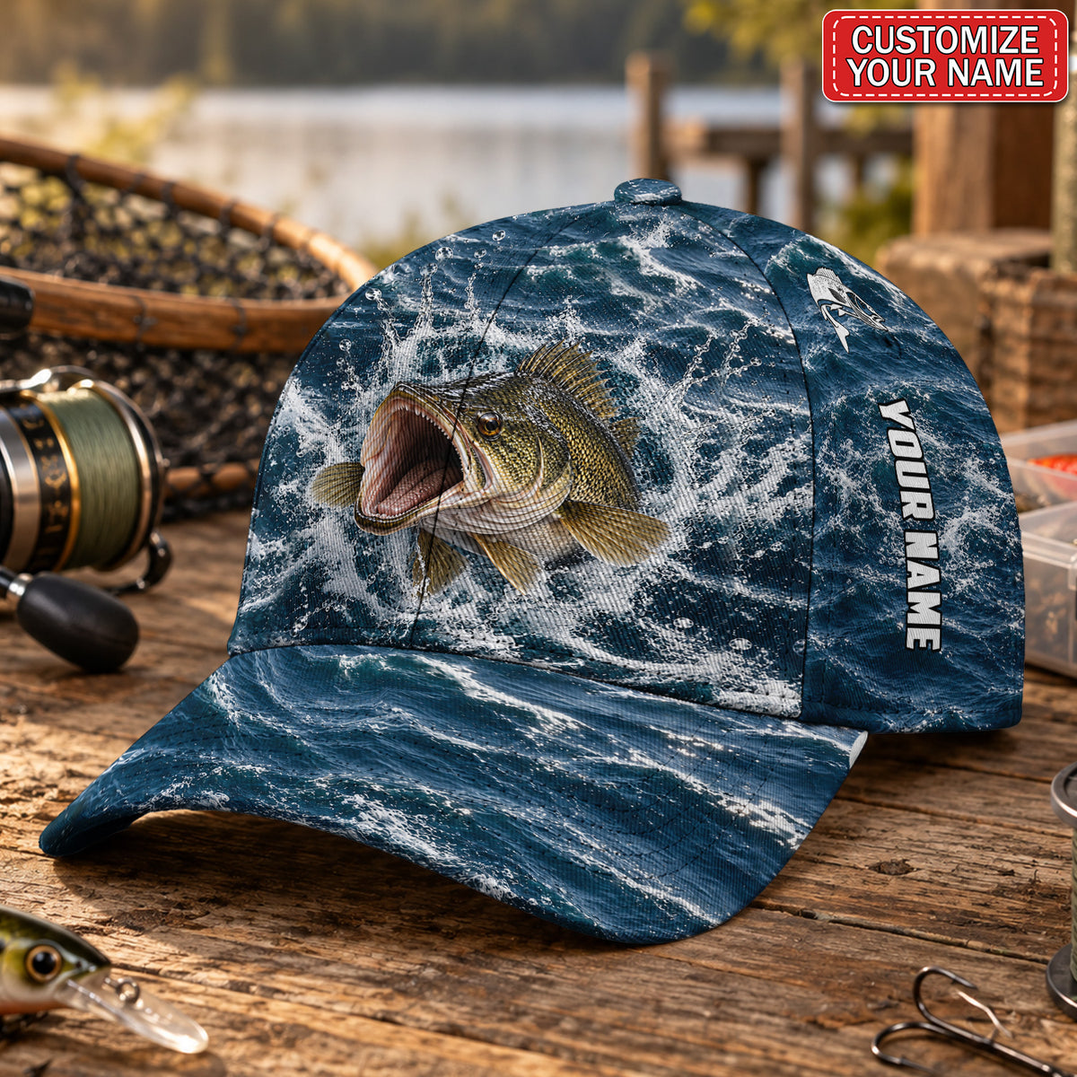 Personalized Golden Fish and Blue Waves AOP Baseball Cap
