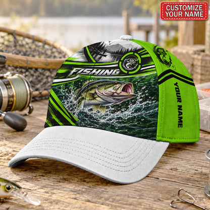 Personalized Jumping Bass Fishing AOP Baseball Cap With Neon Green Stripes