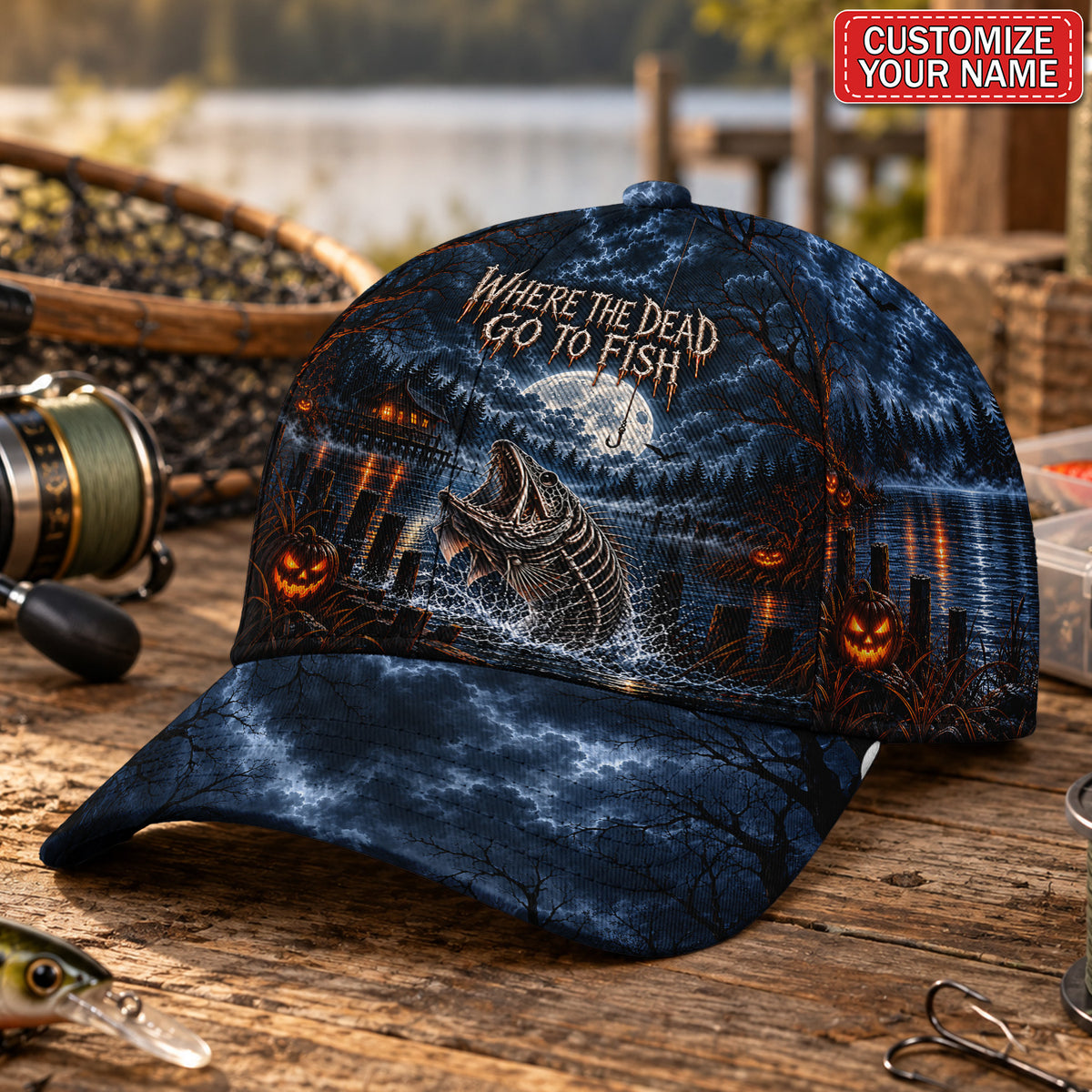 Personalized Where the Dead Go to Fish Skeleton Fishing AOP Baseball Cap