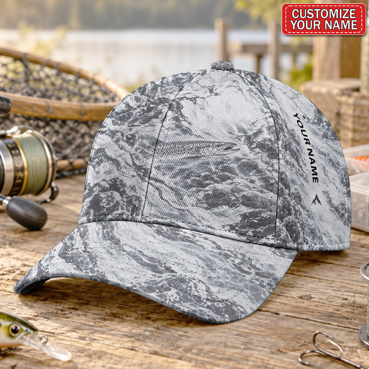 Personalized Monochrome Trout and Waves Fishing Baseball Cap