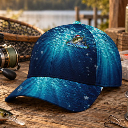 Santa Bass and Blue Underwater Snowflakes Fishing AOP Baseball Cap