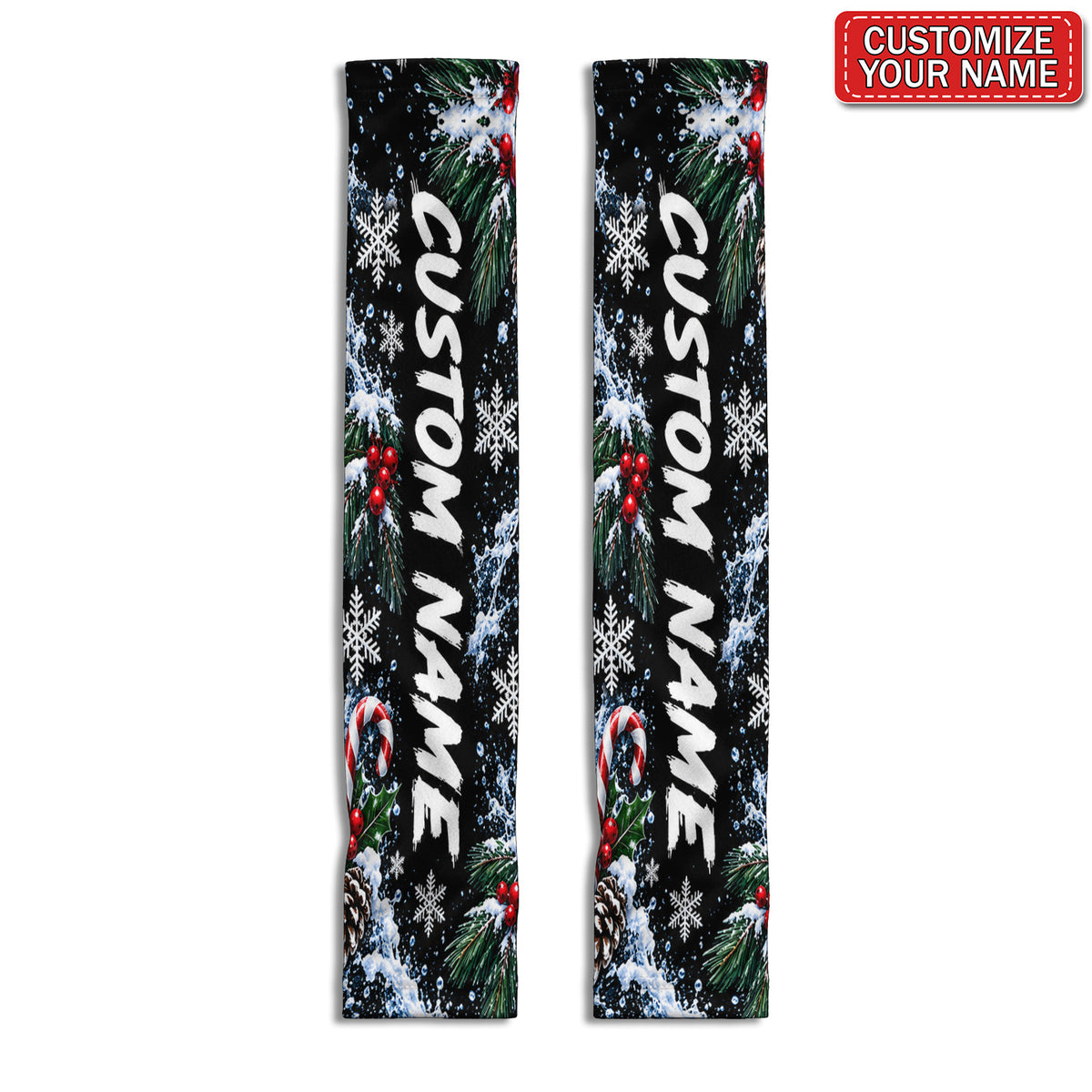 Custom Name Christmas Candy Cane and Pine Sun Protection Arm Sleeves