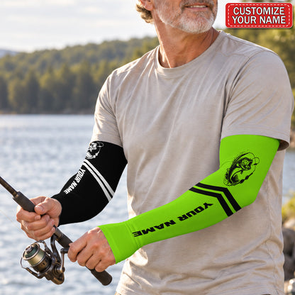 Personalized Bass Fishing Sun Protection Arm Sleeves in Neon Green and Black