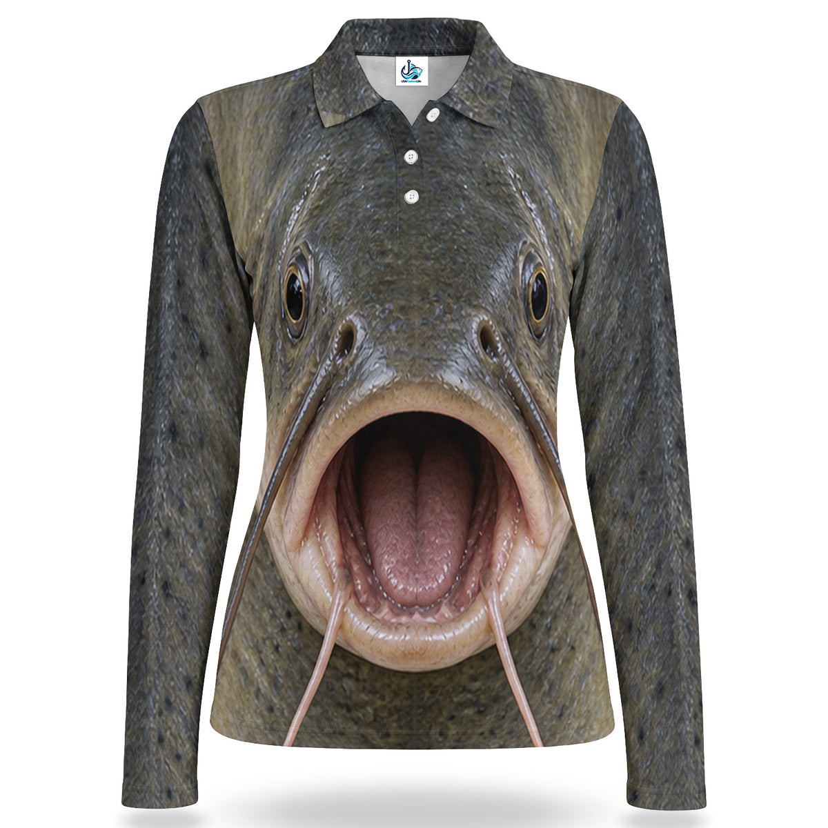 Catfish Face and Whiskers Women's Long Sleeve Fishing Polo