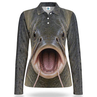 Catfish Face and Whiskers Women's Long Sleeve Fishing Polo